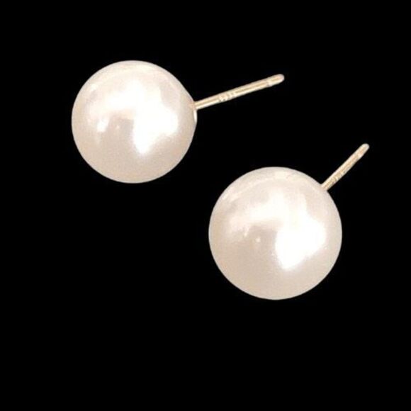 Large 10mm Faux Pearl Earrings, Classic Unisex Studs with Gift Pouch, Gold Tone - Picture 1 of 10
